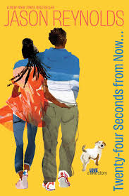 Cover of Twenty-Four Seconds from Now by Jason Reynolds. Image desription: a woman, man, and dog all stand facing away from the viewer against a yellow background. The woman's braids and sweater wave in a breeze and the man's arm is around her shoulders while her hand is in his pocket.