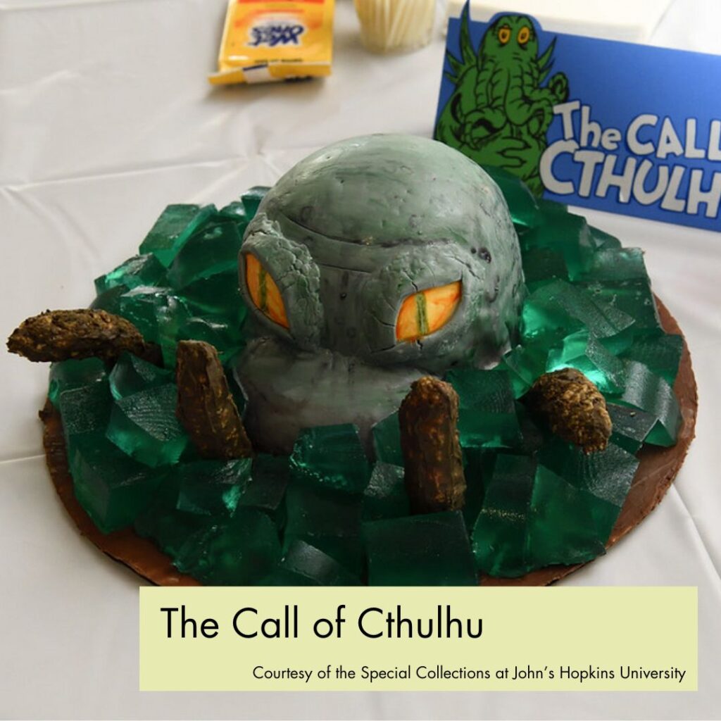 Photograph of cake decorated to look like Cthulhu's head and tentacles rising up from a sea of jello cubes. In the bottom right, a green rectangle overlays the picture with black text, reading "The Call of Cthulhu, Courtesy of the Special Collections at John's Hopkins University."