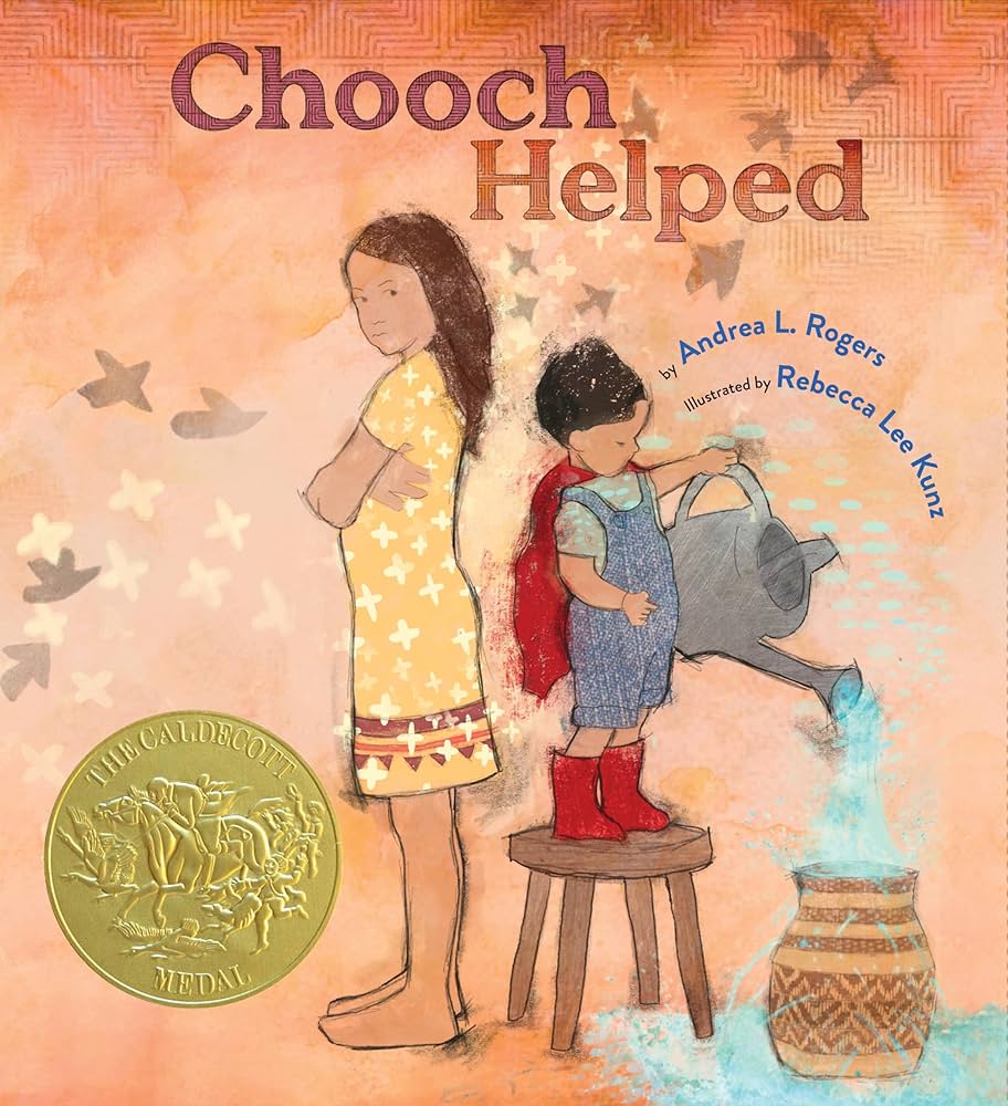 Cover of "Chooch Helped," by Andrea Rogers. Image description: a girl and boy stand back-to-back in a yellow dress and red cape, respectively. The boy pours water from a watering can, making a mess.